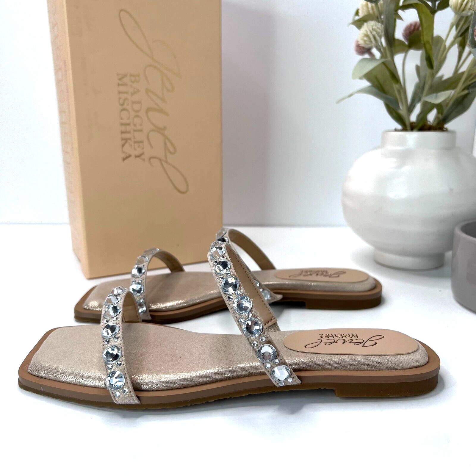 Jewel Badgley Mischka Honesty Flat Sandals Gemstone Studded Straps Women 6.5 Nwb